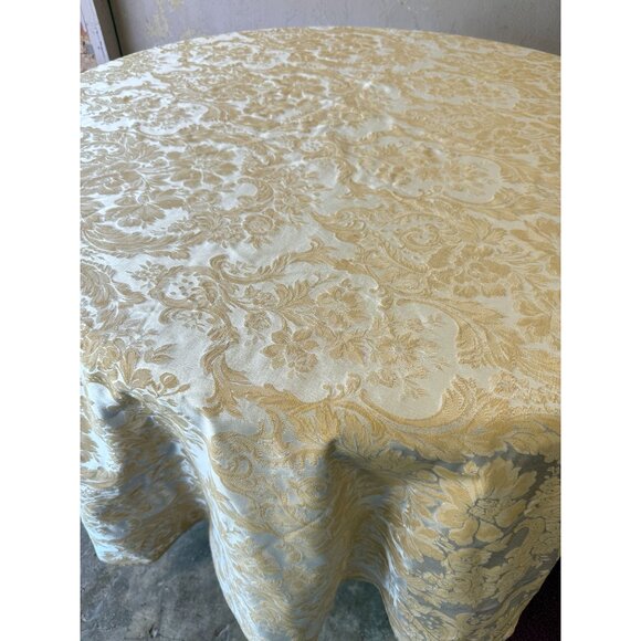 Waterford Tablecloth Gold Yellow Shimmery Damask 86" Round - Picture 3 of 12